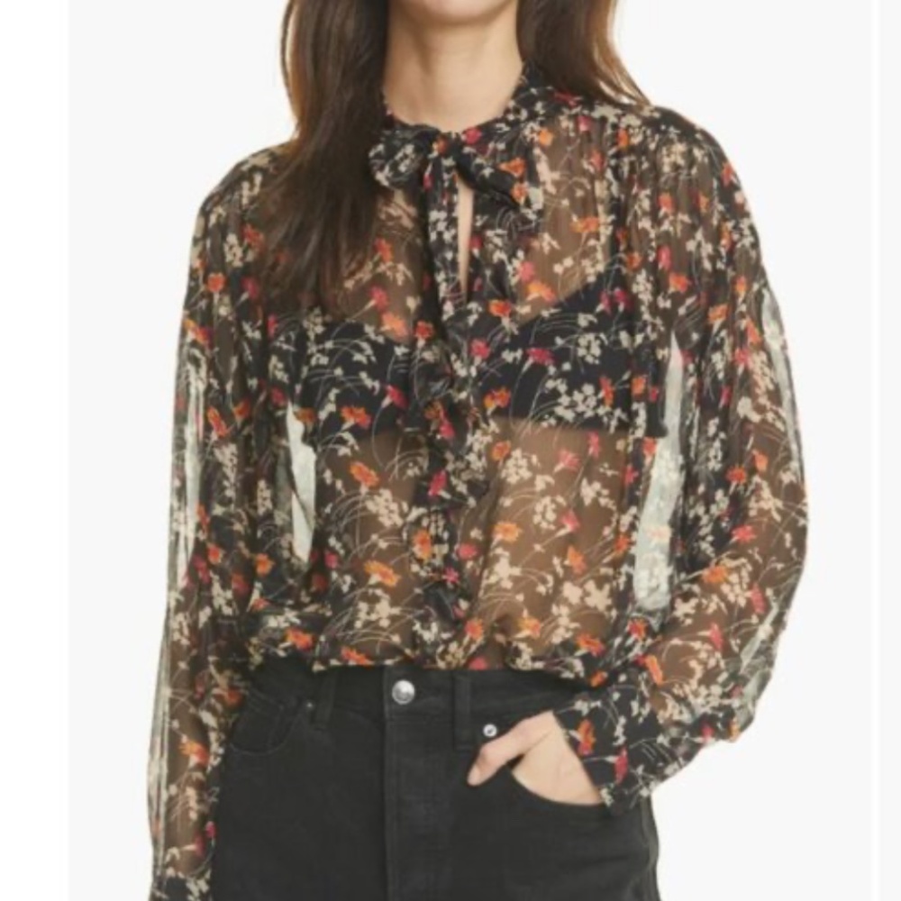 Joie Maiza Silk Tie Neck Blouse Womens Large Black Sheer Floral Long Sleeve Top